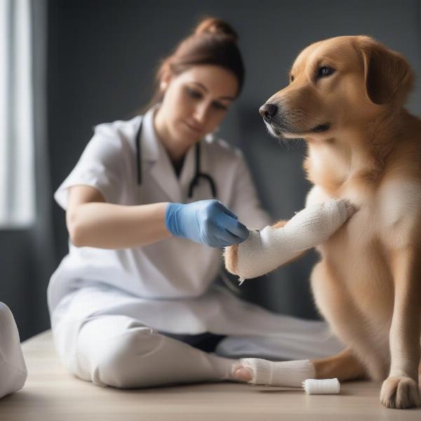 Veterinarian bandaging a dog's paw