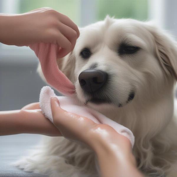 Dog paw being dried after soak