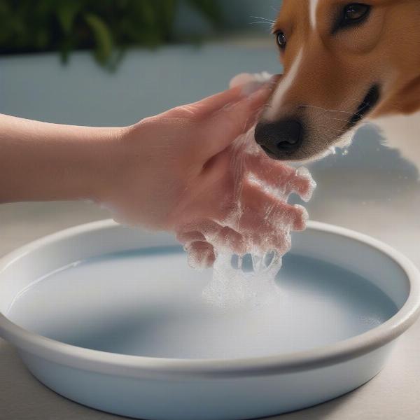 Rinsing a dog's paw after epsom salt soak