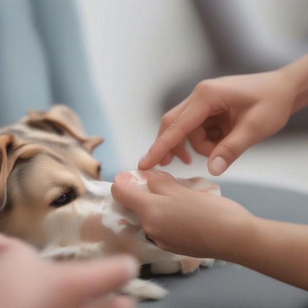 Applying paw cream to a dog's paw