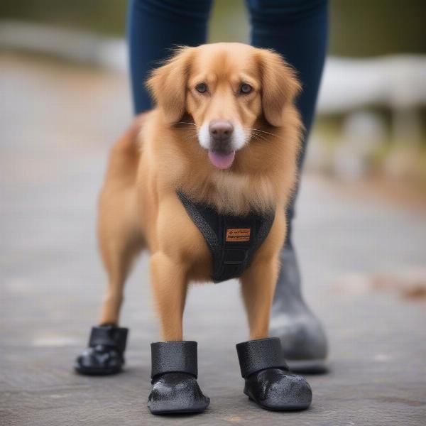 A dog wearing protective booties