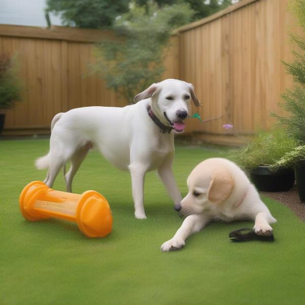 Dog playing in a fenced garden