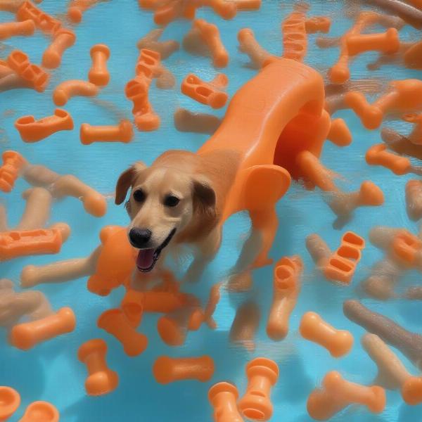 Dog playing in a bone-shaped pool with toys