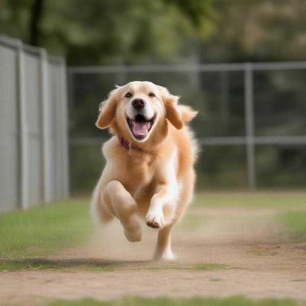 Dog playing in a fenced yard