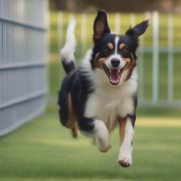 A dog happily playing in a fenced yard