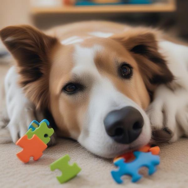 Dog playing with an interactive toy to redirect licking behavior