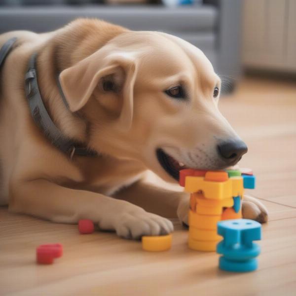 Dog playing with interactive toys