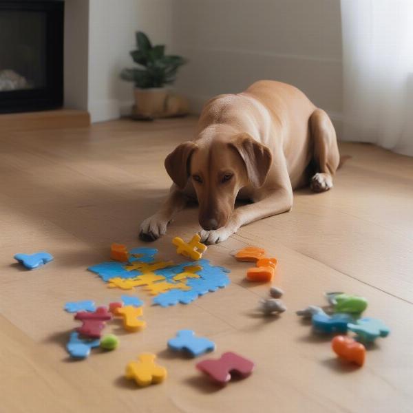 Dog playing with interactive toys to alleviate boredom