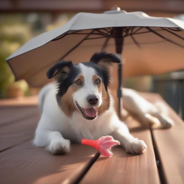 Dog playing with toy on a safe deck