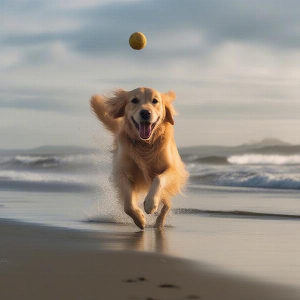 A happy dog playing fetch on the beach in Ocean Shores.