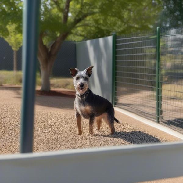 Dog enjoying a pea gravel play area