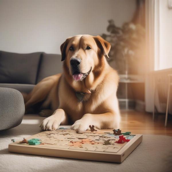 Dog playing with a puzzle toy in an apartment