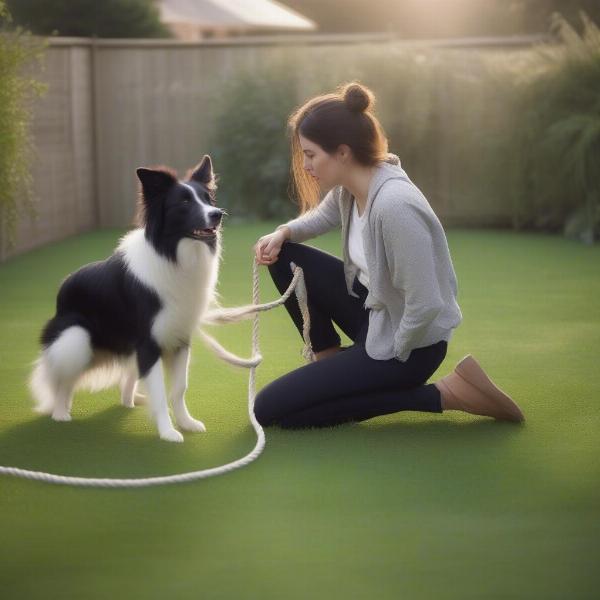 Dog playing safely with its owner in a garden