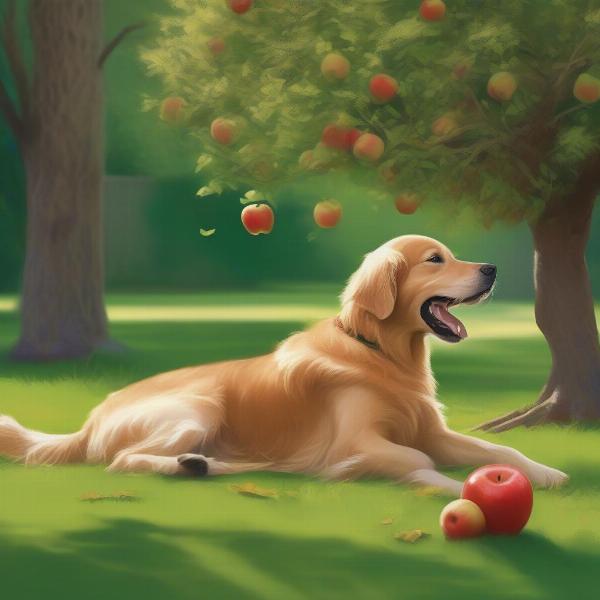 Dog playing under an apple tree