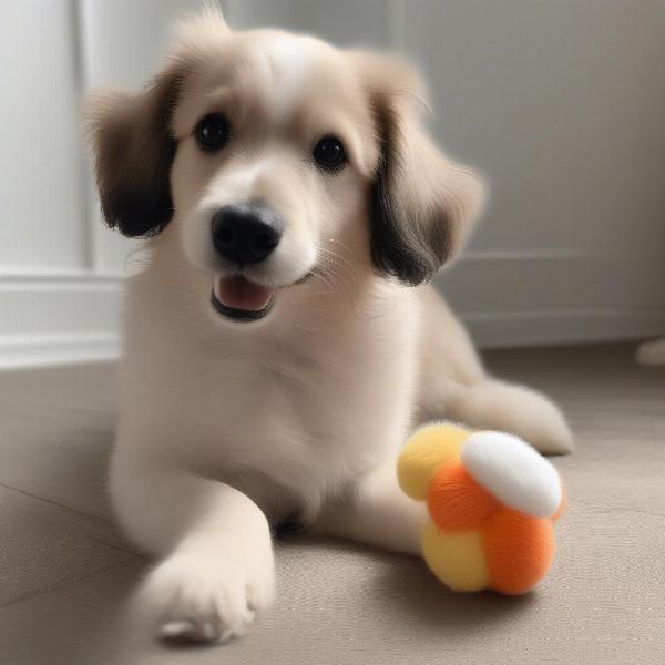 Dog playing with an appropriately sized fluffy toy