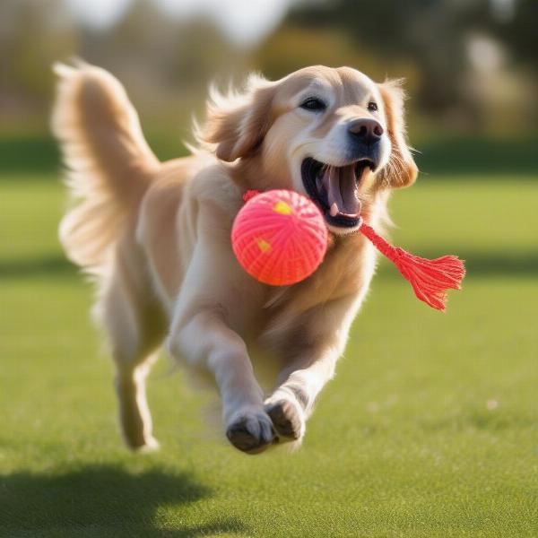 Dog Playing with Ball and Rope Toy