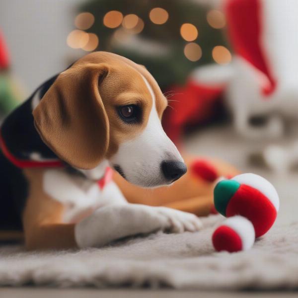 A dog happily playing with a Christmas-themed toy.