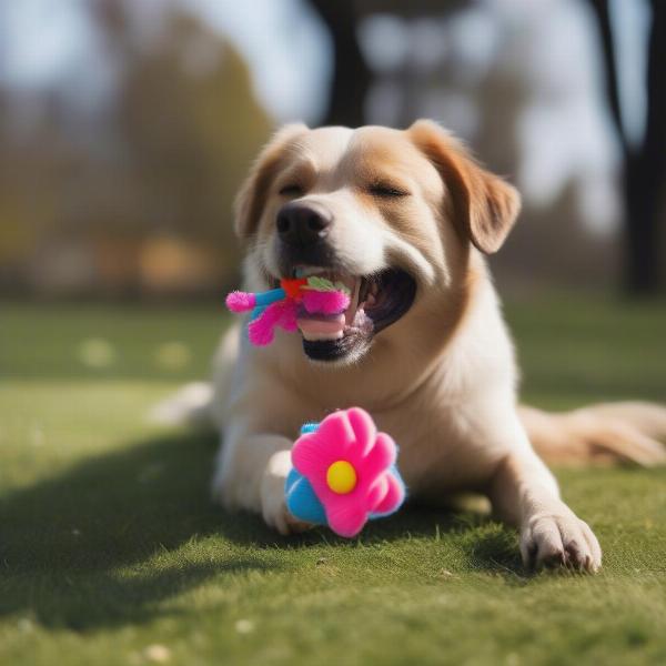 Dog Playing with a Flower Toy