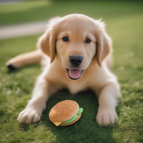 Dog Playing with a Hamburger Toy