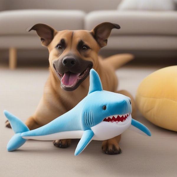 A dog happily playing with a naughty dog shark plush toy