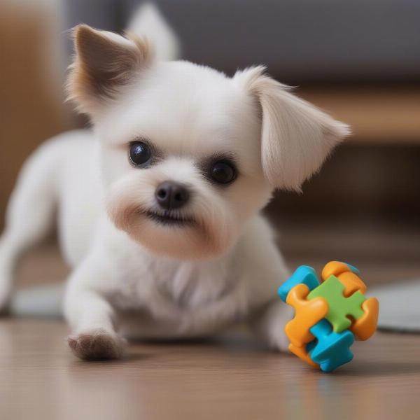 A Small Dog Engaging with a Puzzle Ball