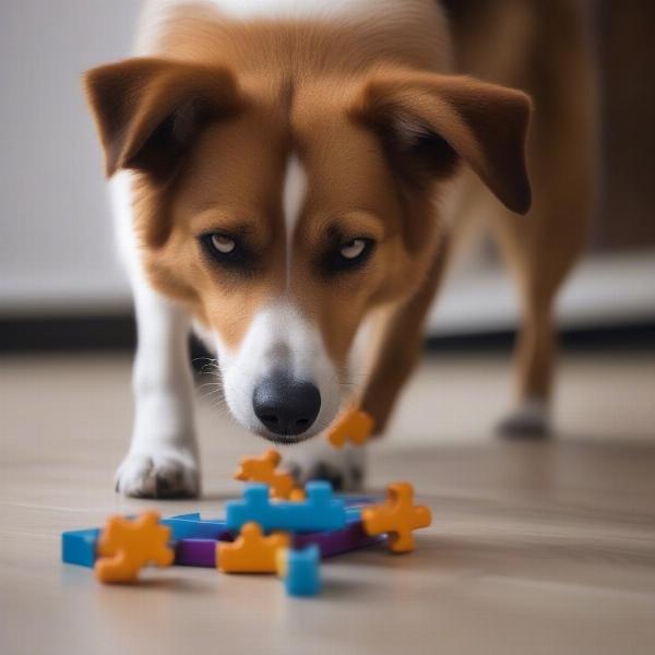 Dog playing with puzzle toy