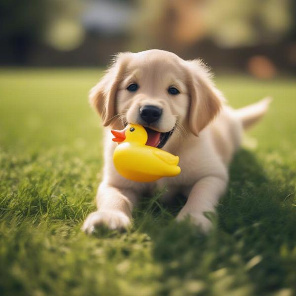 Dog Playing With Rubber Duck Toy