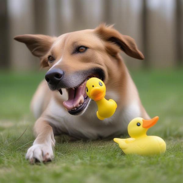 A dog actively playing with a squeaking duck toy