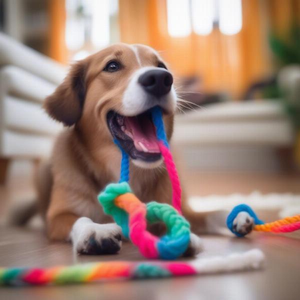 Dog playing with a toy instead of licking metal