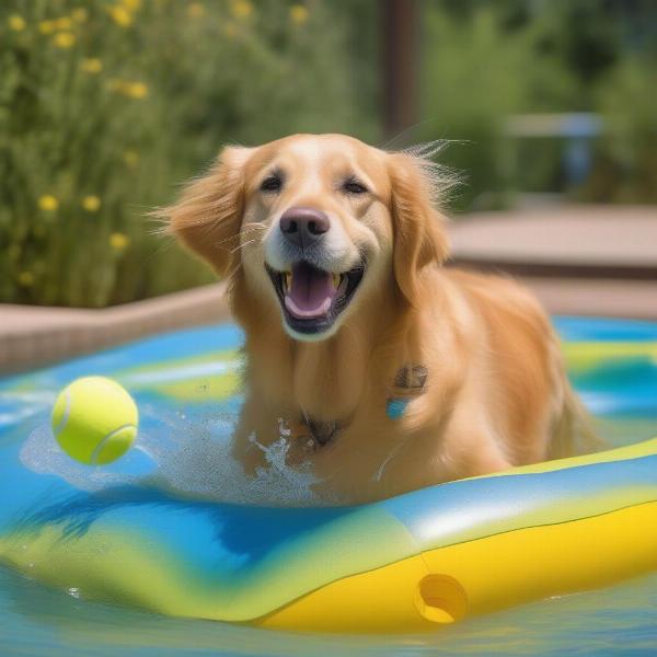 A dog happily playing with a floating toy on their pool raft.