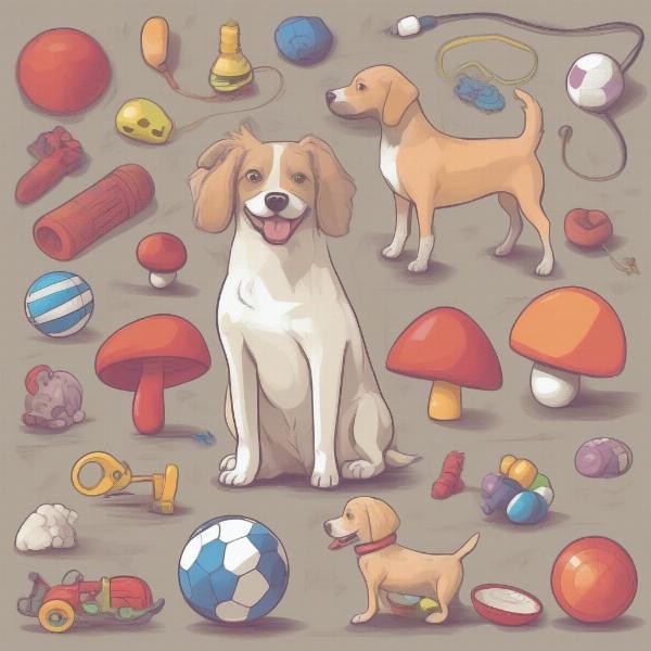 A dog playing with a variety of toys, including a mushroom toy