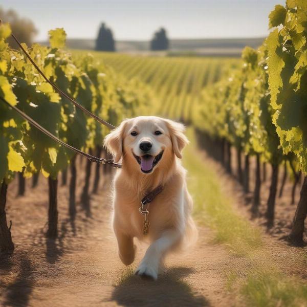 Dog enjoying a walk in a vineyard