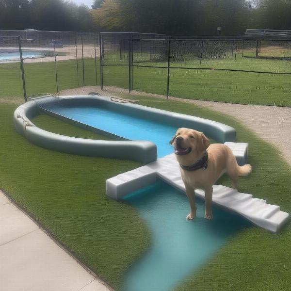 Dog pool park with various amenities like ramps, shallow areas, and drinking fountains.