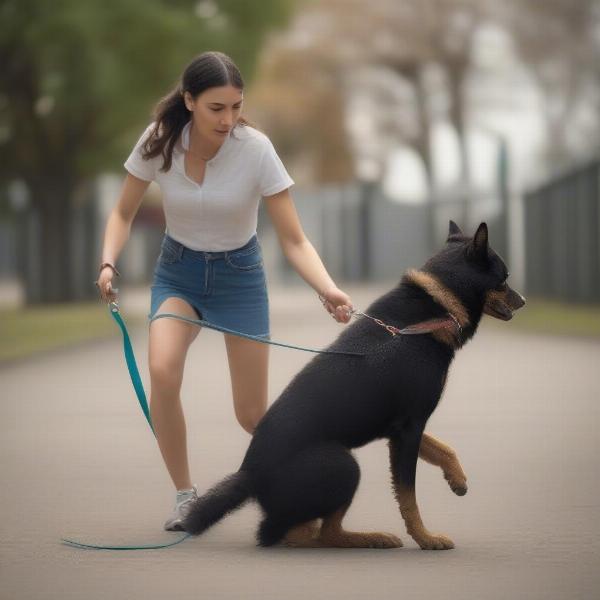 Dog pulling on leash, frustrated owner