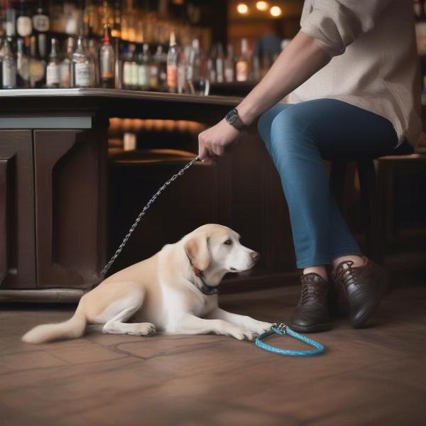 Dog on leash with owner at Quayle pub