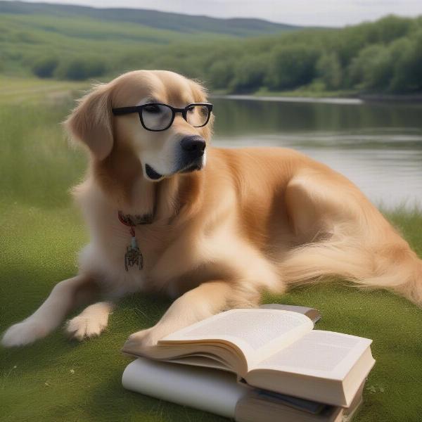 Dog Reading Books by the River Bank