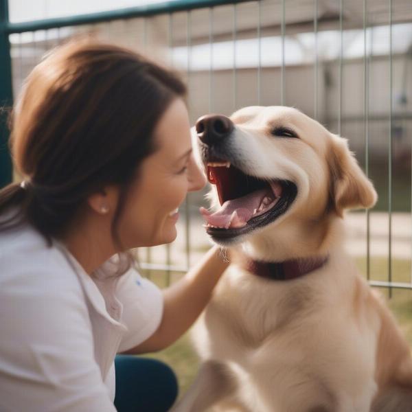 A dog receiving attention from a staff member at daycare