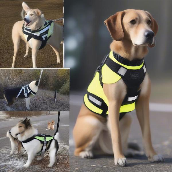 Various types of reflective dog gear, including coats, harnesses, collars, and leashes