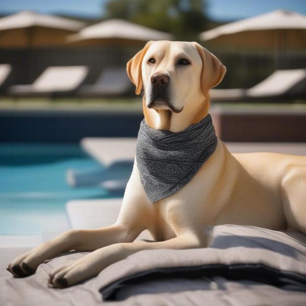 A dog relaxing by the pool at a dog-friendly hotel.