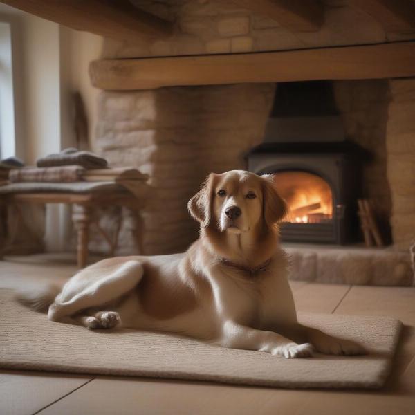 Dog relaxing by the fireplace in a Devon cottage