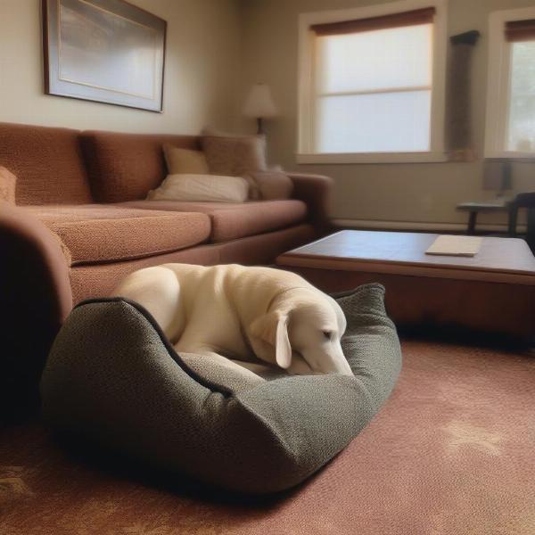 A relaxed dog lounging in a comfortable hotel room in Port Townsend