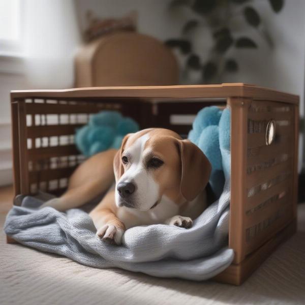 Dog relaxing in its crate