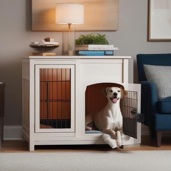 A dog relaxing inside a crate that doubles as furniture.