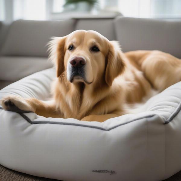 A dog relaxing in a comfortable dog bed