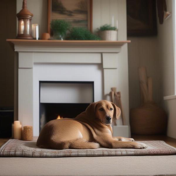 A dog relaxing by the fireplace in a dog-friendly cottage