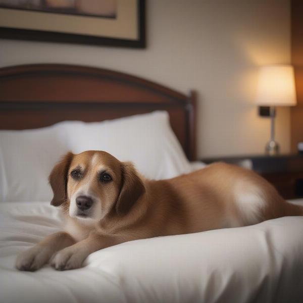 Dog relaxing in a dog-friendly hotel room in Frankenmuth.