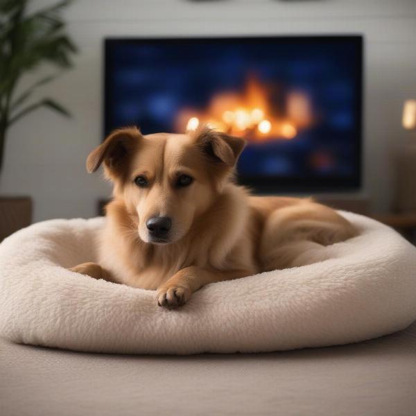 Dog relaxing in front of TV with fireplace scene