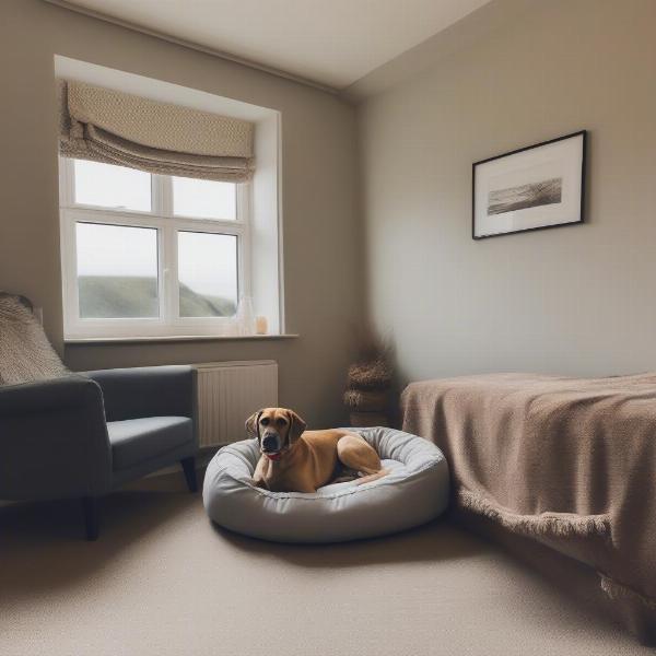 A dog relaxing in a comfortable dog-friendly hotel room in Anglesey