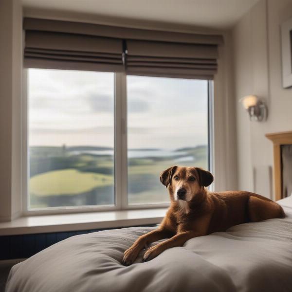 A dog relaxing on a dog bed in a Padstow hotel room.