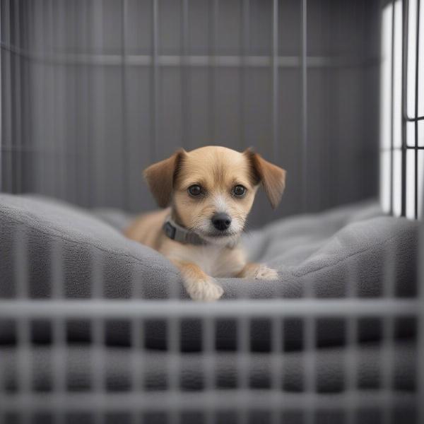 Dog relaxing on a pillow inside its crate